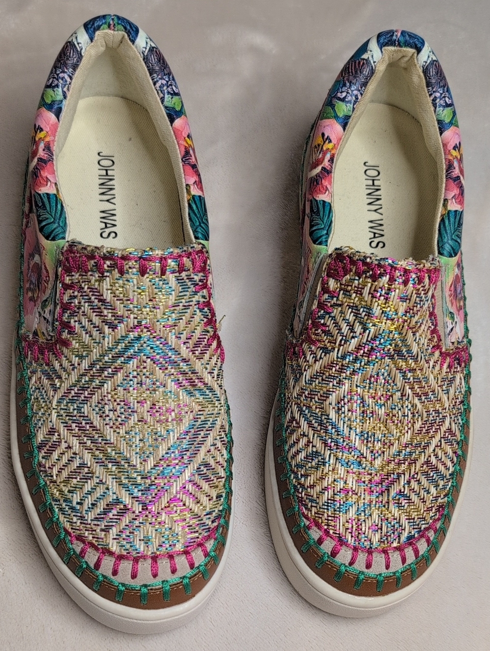Johnny Was Pink Teal Cream Woven Slip-On Sneakers